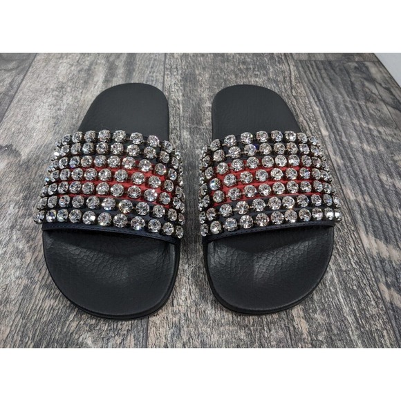 AUTHENTIC GUCCI Calfskin Leather Web Crystal Embellished Slide Sandals EU 35 - Picture 1 of 9